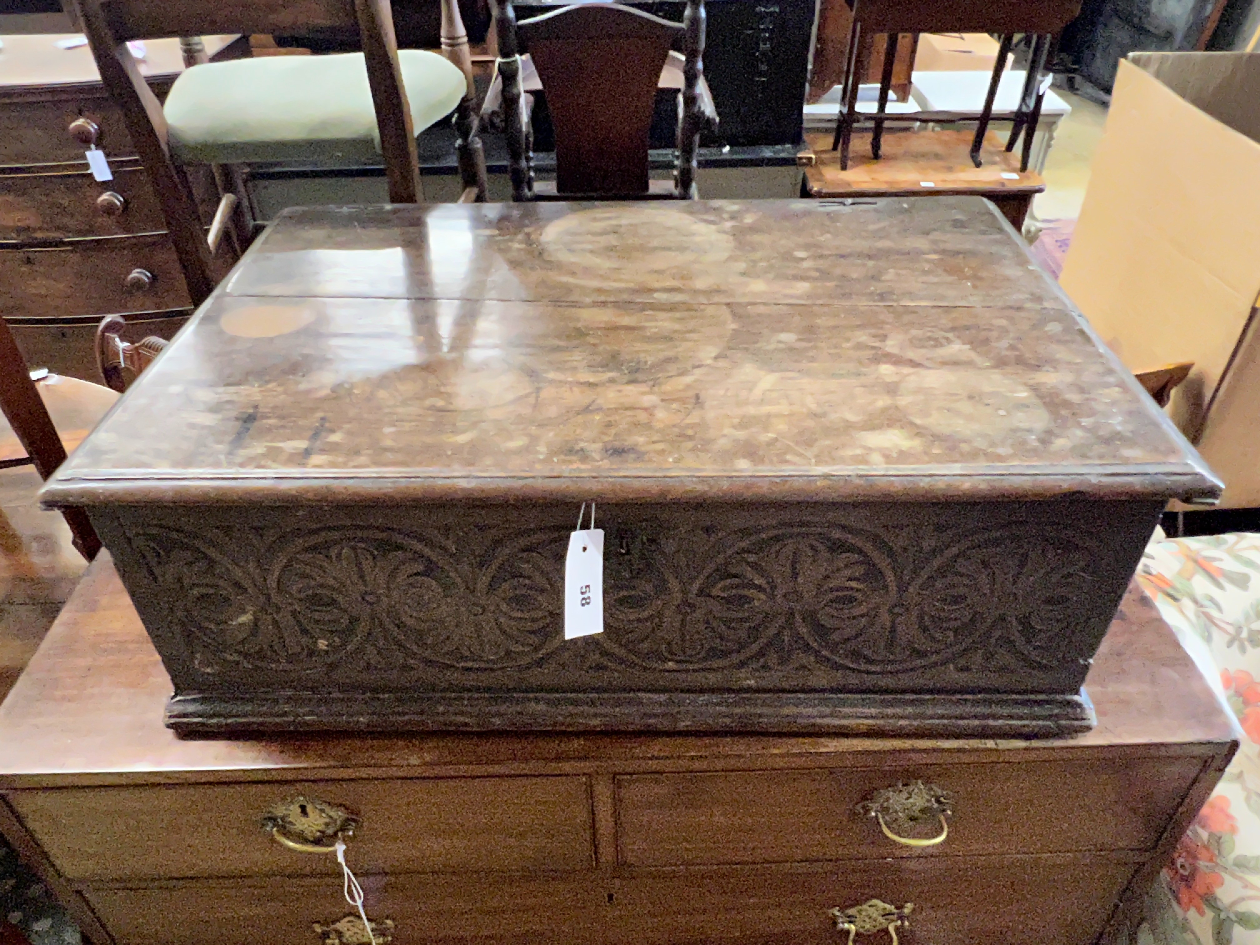 An 18th century carved oak bible box, length 76cm, depth 49cm, height 26cm